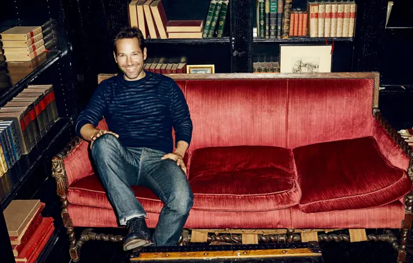 Picture smile, sofa, books, jeans, photographer, actor, journal, photoshoot, shelves, jumper, 2015, The Hollywood Reporter, Paul …