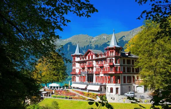 Picture trees, mountains, Switzerland, resort, Hotel Giessbach Brienz