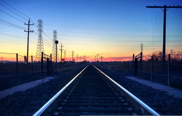 Picture the sky, sunset, horizon, railroad, power line