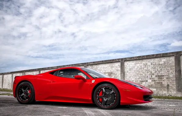 Picture the sky, asphalt, clouds, red, strip, shadow, red, wheels, ferrari, Ferrari, Italy, 458 italia