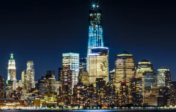 Picture lights, USA, skyline, New York, Manhattan, evening, skyscrapers, Freedom Tower, New York city NYC, under …
