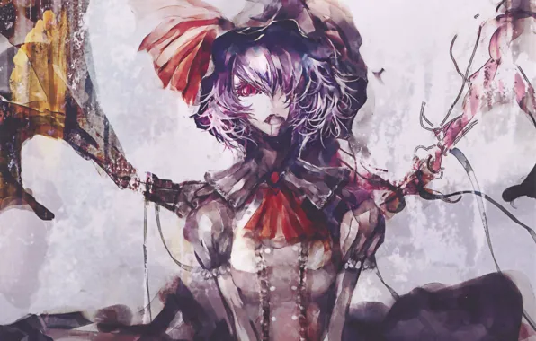 Picture blood, red eyes, touhou, vampire, black wings, Touhou Project, Remilia Scarlet, art Iori, project East