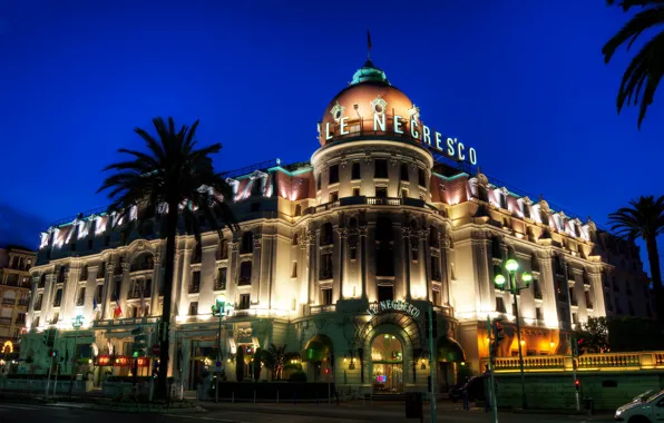 Picture city, palm trees, the evening, the hotel, architecture, night, france, hotel, road., nice, Negresco, France, …