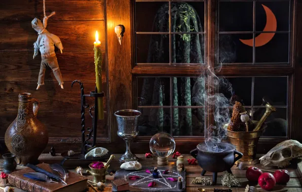 Picture magic, apples, skull, ball, candle, a month, feathers, window, bowler, book, bulb, pentagram, Cup, Halloween, …
