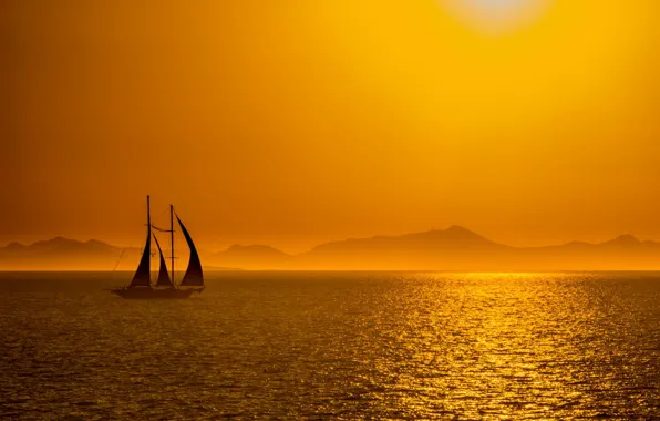 Picture sea, landscape, sunset, yacht, silhouette