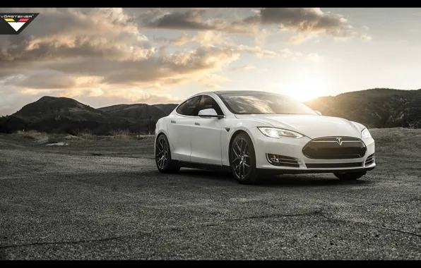 Picture sunset, mountains, Tesla, model S