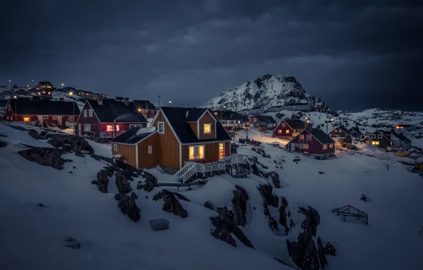 Picture snow, mountains, night, lights, home, storm, Greenland, gray clouds, Sisimiut, The Sisimiut