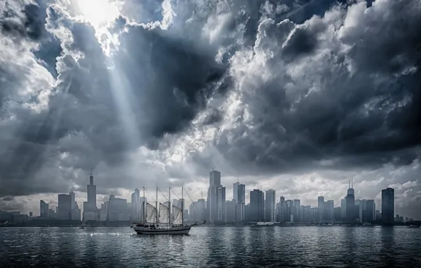 Picture sea, light, clouds, sailboat, Chicago, USA, Il, Chicago, Illinois