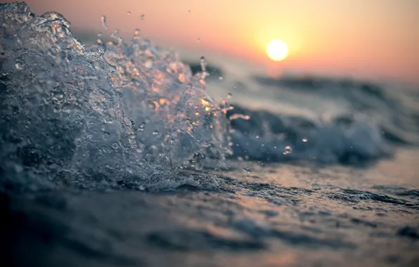 Picture sea, water, the sun, drops, macro, sunset, wave