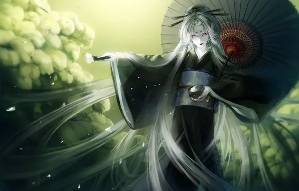 Picture ritual, umbrella, the demon, kimono, long hair, hydrangea, youkai