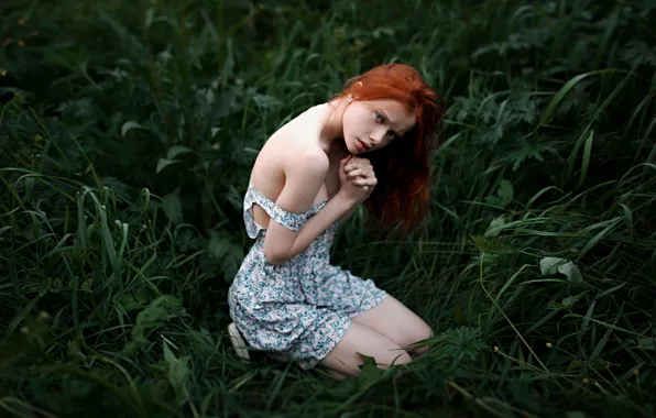 Picture grass, freckles, the beauty, redhead, shoulder, helplessness, George Chernyadev, Defencelessness
