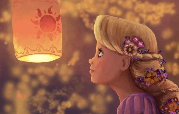 Picture girl, flowers, art, flashlight, profile, Rapunzel