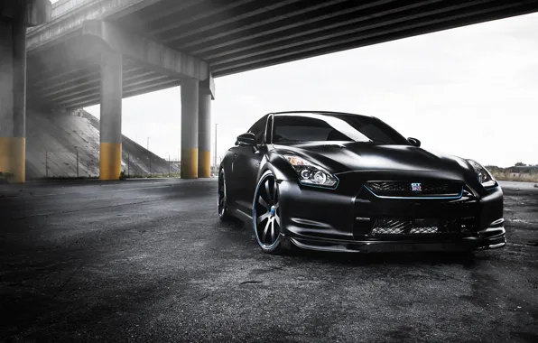 Picture black, tuning, overpass, GTR, supercar, Nissan, Nissan, tuning, the front, gtr, R-35, R-35