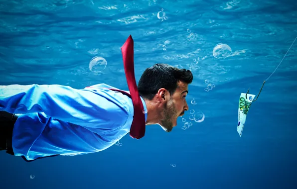 Picture bubbles, the situation, humor, tie, male, under water, bill, floats, hook, bait, clothing