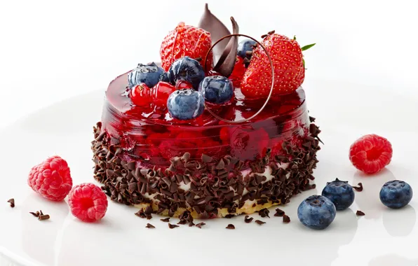 Picture berries, raspberry, food, chocolate, blueberries, strawberry, plate, sweets, cake, cream, dessert, jelly, blueberries