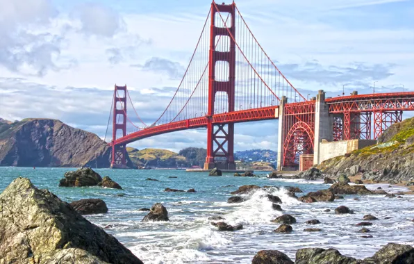 Picture wave, the sky, water, clouds, bridge, Strait, stones, shore, Golden Gate, USA, San Francisco
