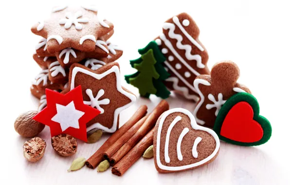 Picture cookies, Christmas, New year, nuts, cinnamon, Christmas, heart, cakes, New Year, sweet, nuts, cookies, baking
