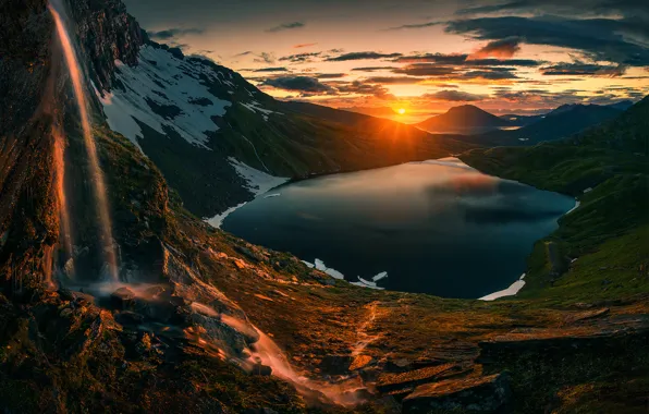 Picture Sunset, Sunrise, Mountains, Norway, Northern, Lake