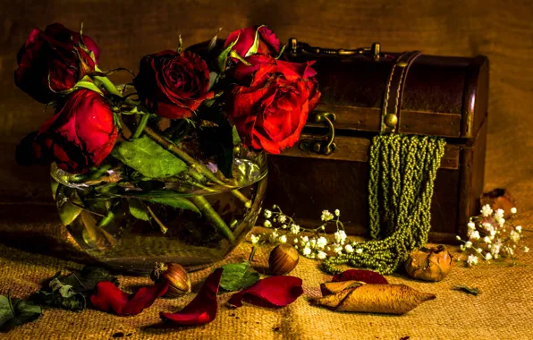 Picture flowers, roses, petals, beads, vase, chest, still life