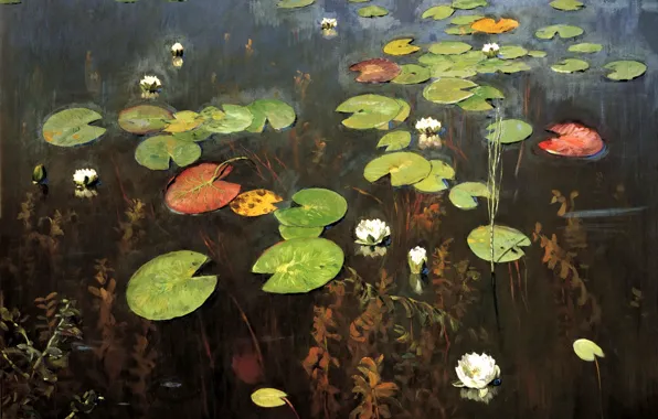 Picture leaves, water, flowers, nature, lake, pond, Lily, painting, Nenufar, Levitan Isaac