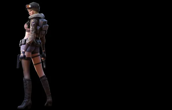 Picture look, girl, rendering, weapons, boots, black background