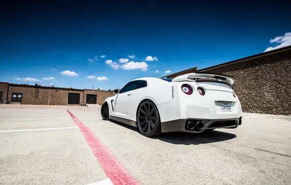 Picture white, the sky, clouds, nissan, white, Nissan, gt-r, back, r35