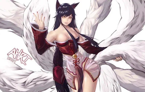 Picture look, girl, gesture, ears, art, Fox, league of legends, tails, ahri, bryan song