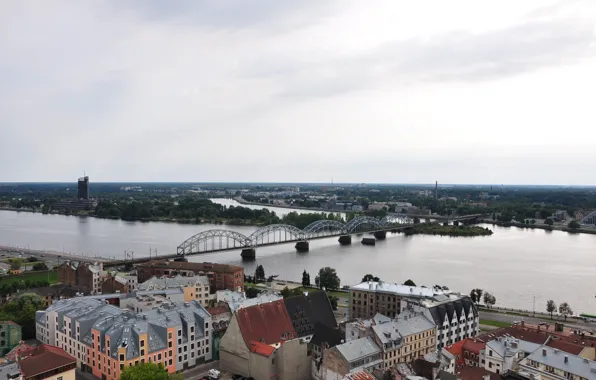 Picture summer, the sky, clouds, bridge, river, Church, panorama, Riga, Latvia, Daugava, The Baltic States