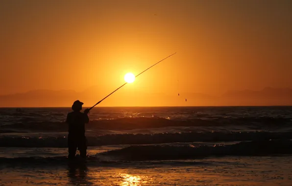 Picture waves, sport, beach, photography, sea, landscape, nature, sunset, water, sun, man, silhouette, fishing, Fisherman