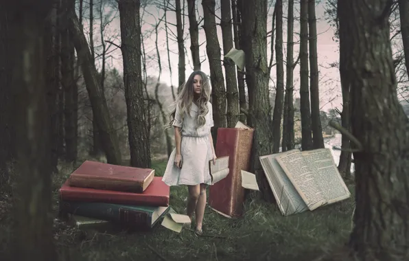 Picture forest, girl, books