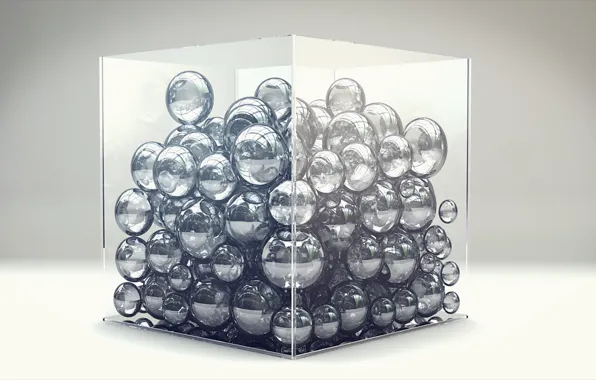 Picture glass, box, balls, cube, render