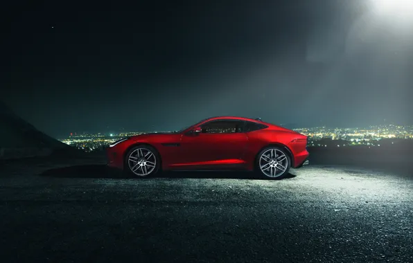 Picture Jaguar, Dark, City, Red, Car, Coupe, Side, F-Type R, Nigth