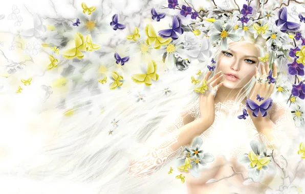 Picture girl, butterfly, flowers, hair, spring, blonde, wreath