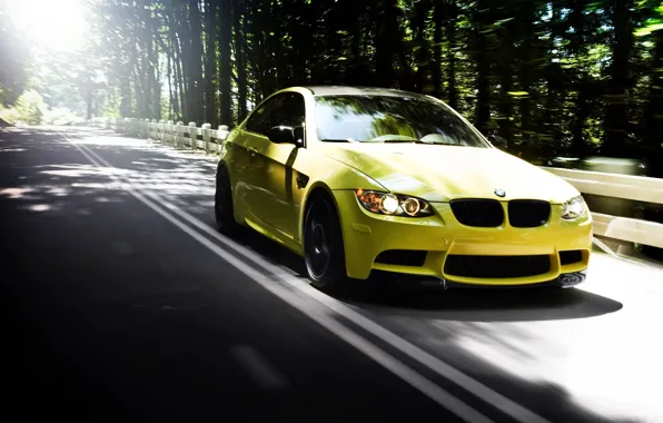 Picture road, forest, summer, cars, auto, bmw m3, yellow