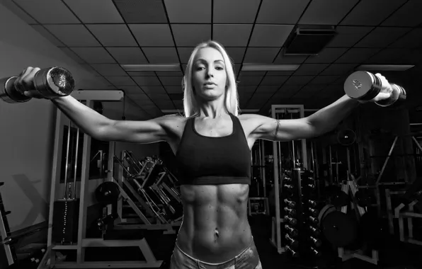 Picture woman, exercise, look, pose, fitness, dumbbells