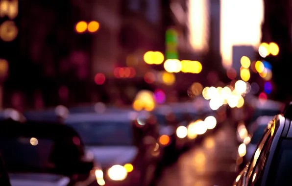 Picture road, machine, the city, lights, street, the evening, colorful, bokeh