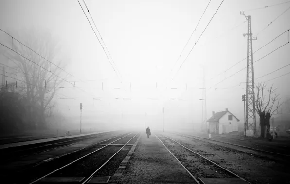 Picture sadness, fog, people, railroad