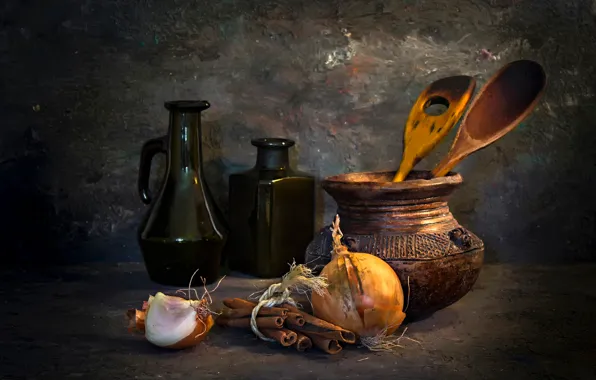 Picture bow, bottle, pitcher, still life, cinnamon, A French kitchen