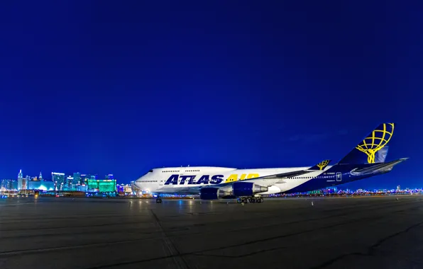Picture night, lights, Las Vegas, USA, the plane, Boeing 747, McCarran, international airport, Boing 747