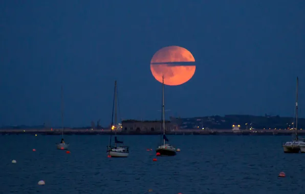 Picture sea, night, boat, yacht, The moon, the full moon, harbour
