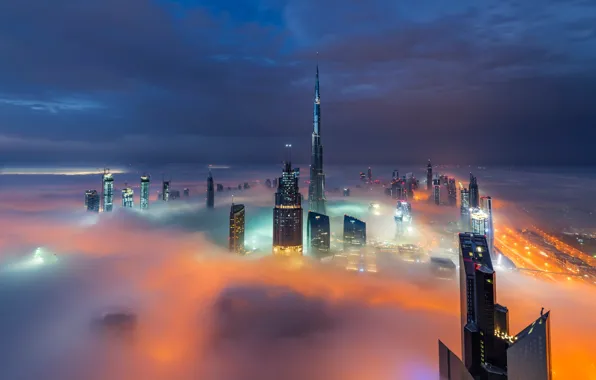 Picture clouds, the city, lights, fog, the evening, Dubai, UAE