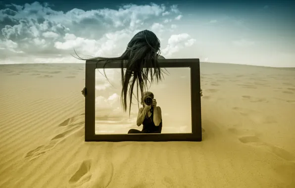 Picture sand, girl, reflection, mirror, photographer