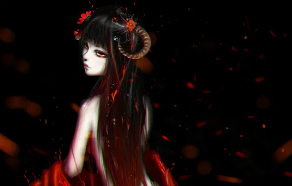 Picture flowers, red, Girl, horns