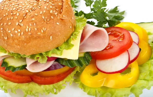 Picture cheese, bow, pepper, vegetables, tomatoes, hamburger, roll, cucumbers, sesame, fast food, fast food, ham