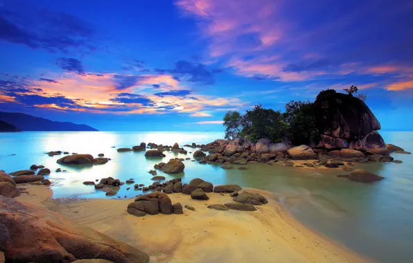 Picture sea, the sky, clouds, trees, sunset, rock, stones, glow