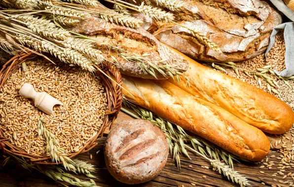 Picture wheat, table, round, basket, grain, spikelets, bread, ears, cakes, bags, loaves, rye