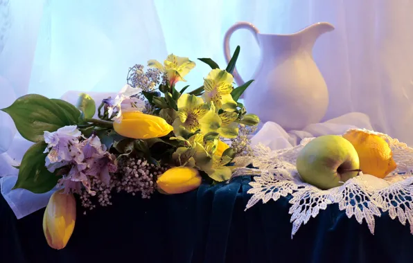 Picture flowers, pitcher, fruit, still life