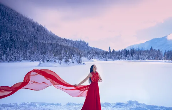 Picture winter, girl, snow, red dress