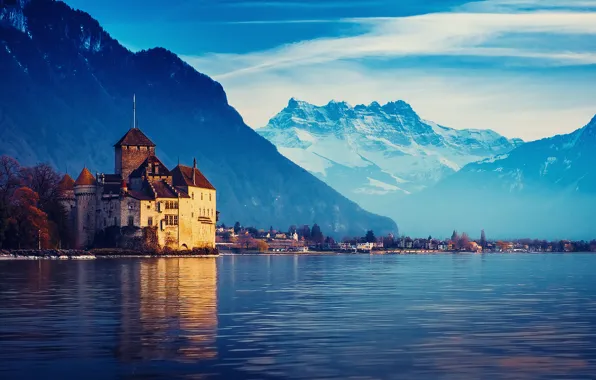 Picture mountains, the city, Switzerland, Lake Geneva