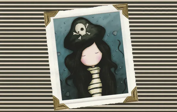 Picture strip, hat, frame, shell, pirates, black hair, vest, closed eyes, Skull and bones